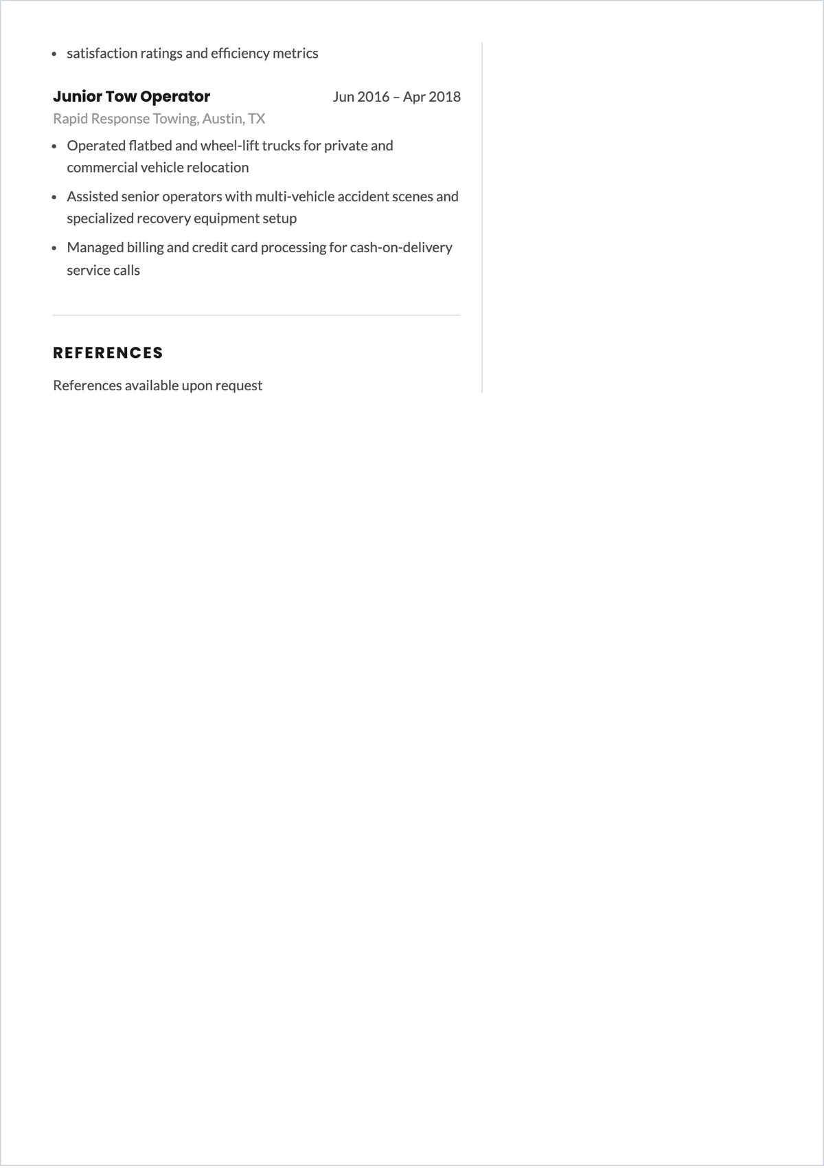 Free Tow Truck Driver ATS Resume Template, AI Resume Builder
