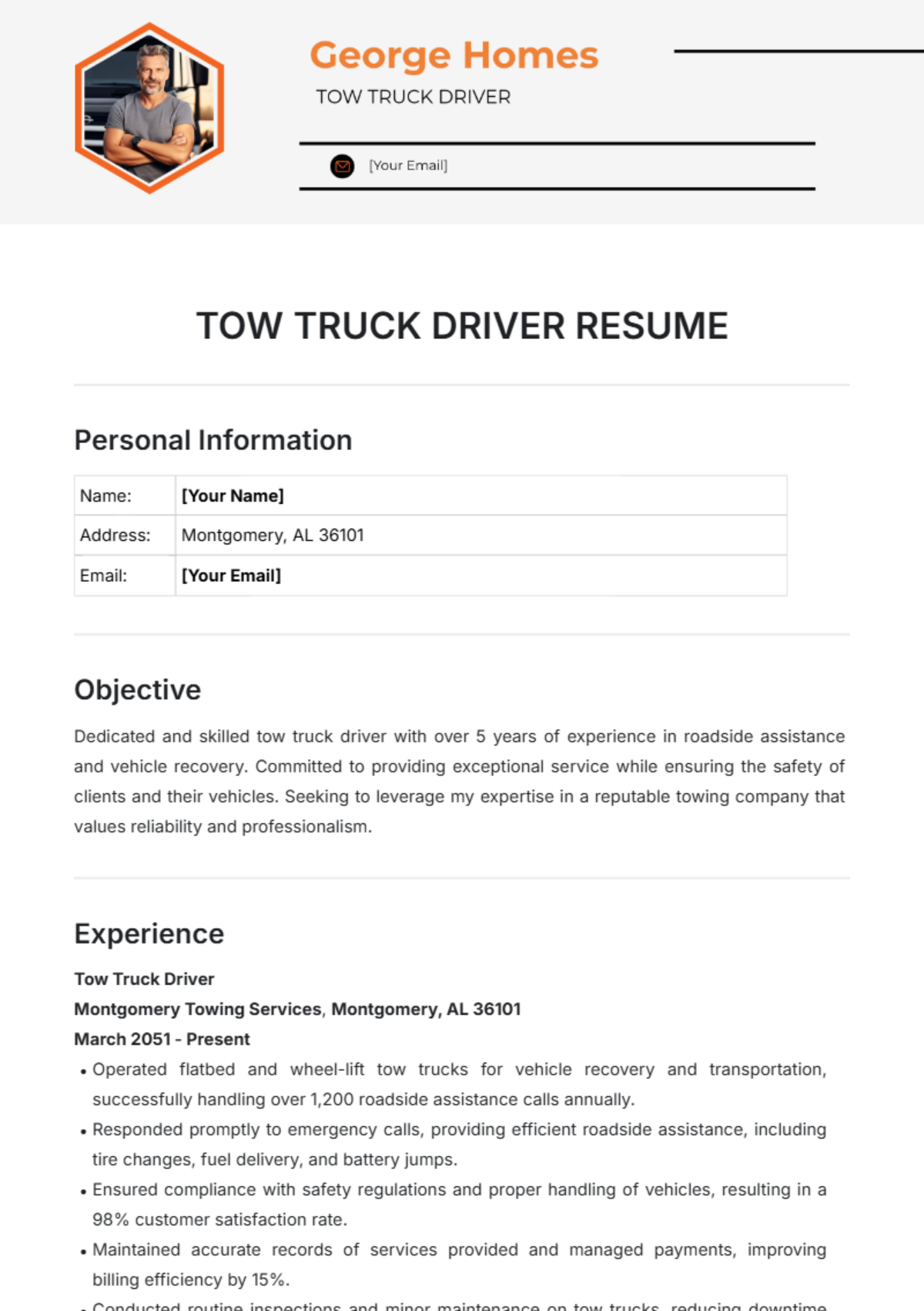 Tow Truck Driver Resume Template - Edit Online & Download