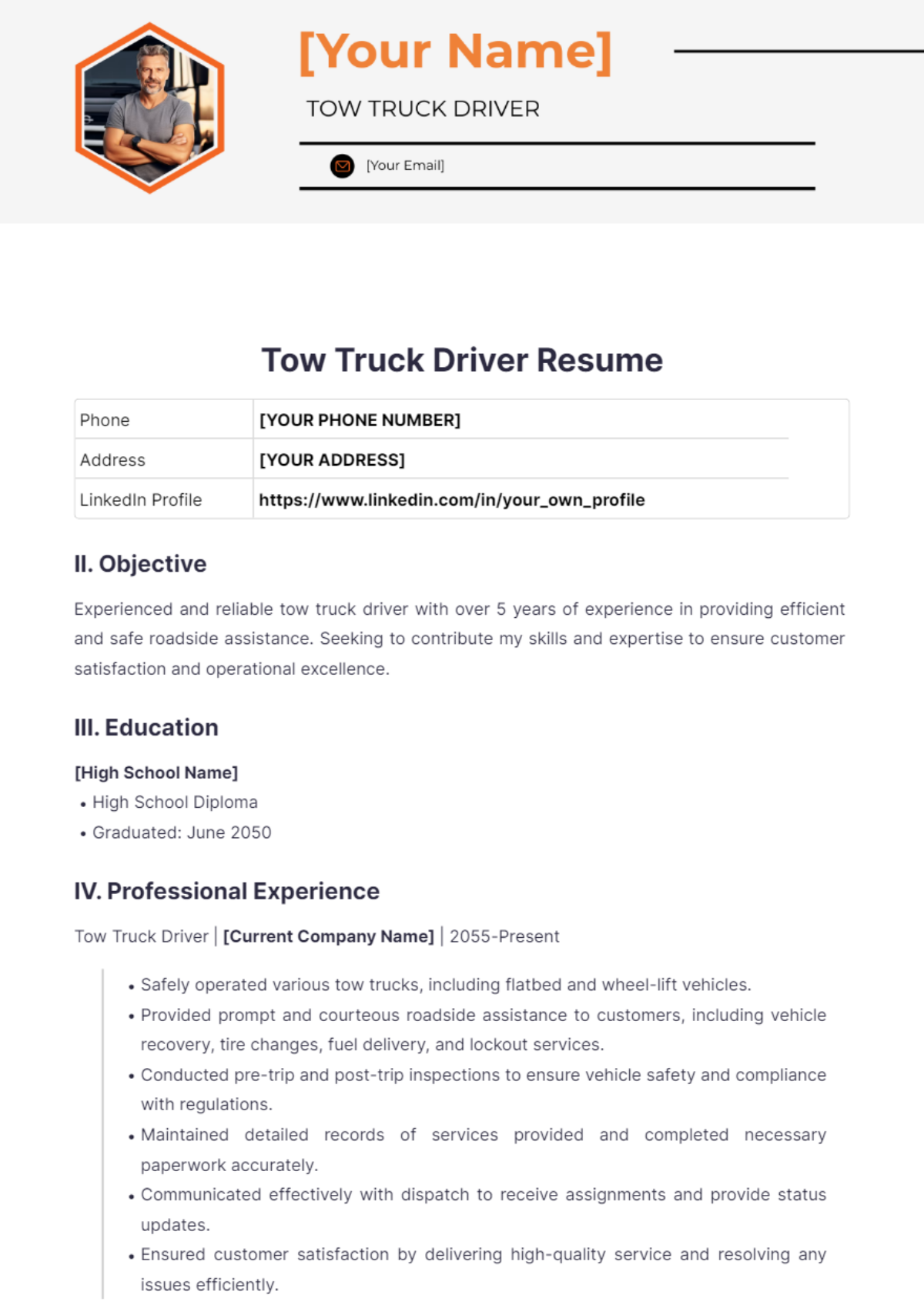 Tow Truck Driver Resume - Edit Online & Download