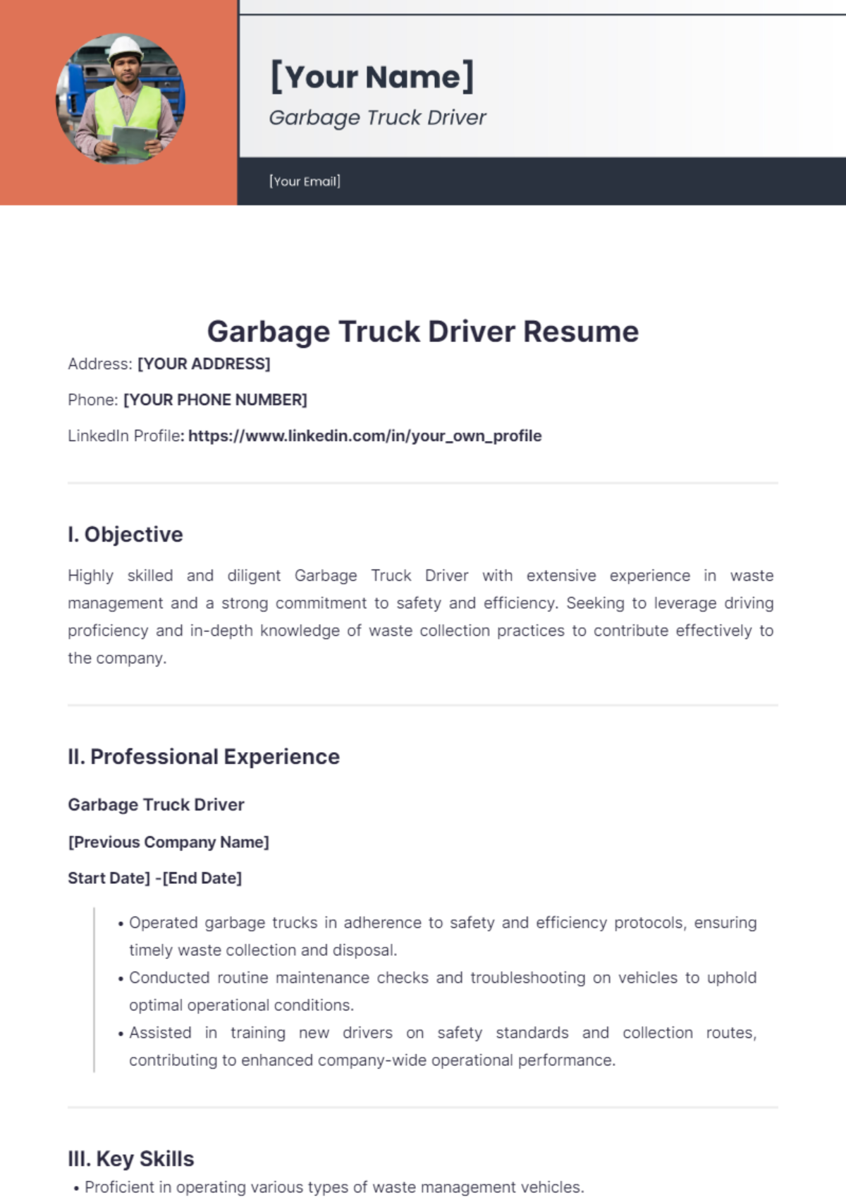 Garbage Truck Driver Resume - Edit Online & Download