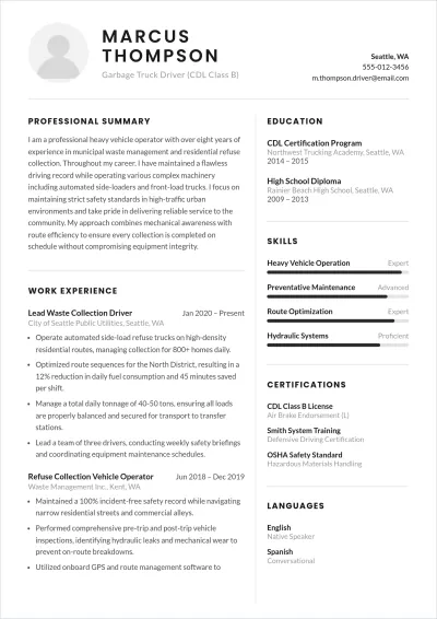 Free Garbage Truck Driver ATS Resume Template, AI Resume Builder