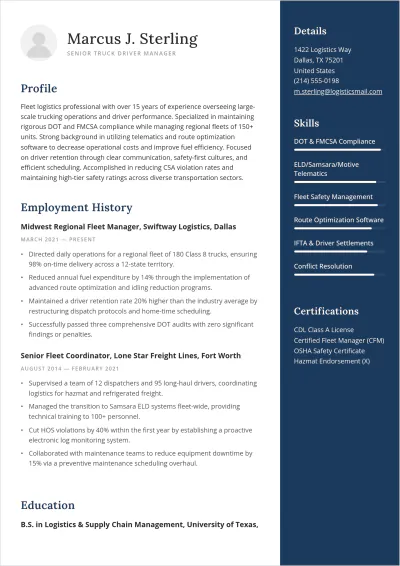 Free Truck Driver Manager ATS Resume Template, AI Resume Builder