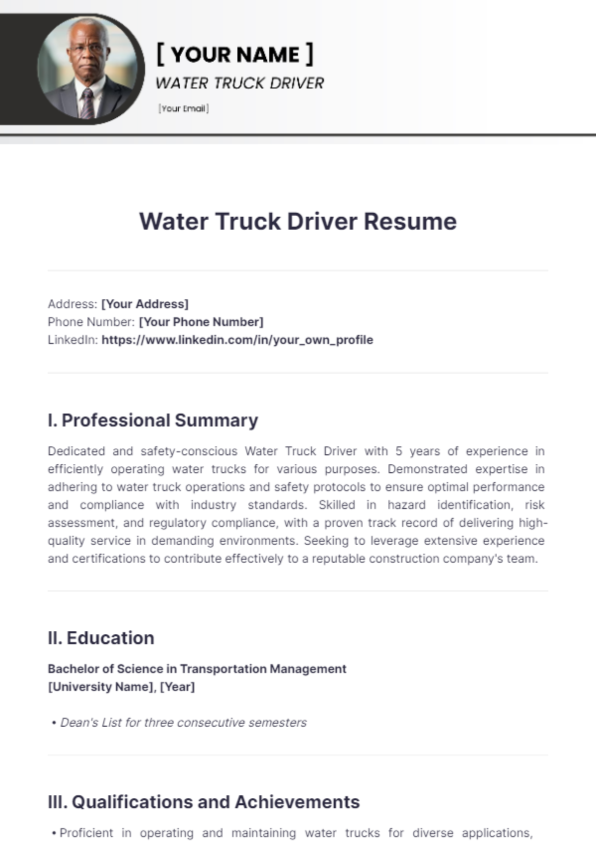 Water Truck Driver Resume - Edit Online & Download