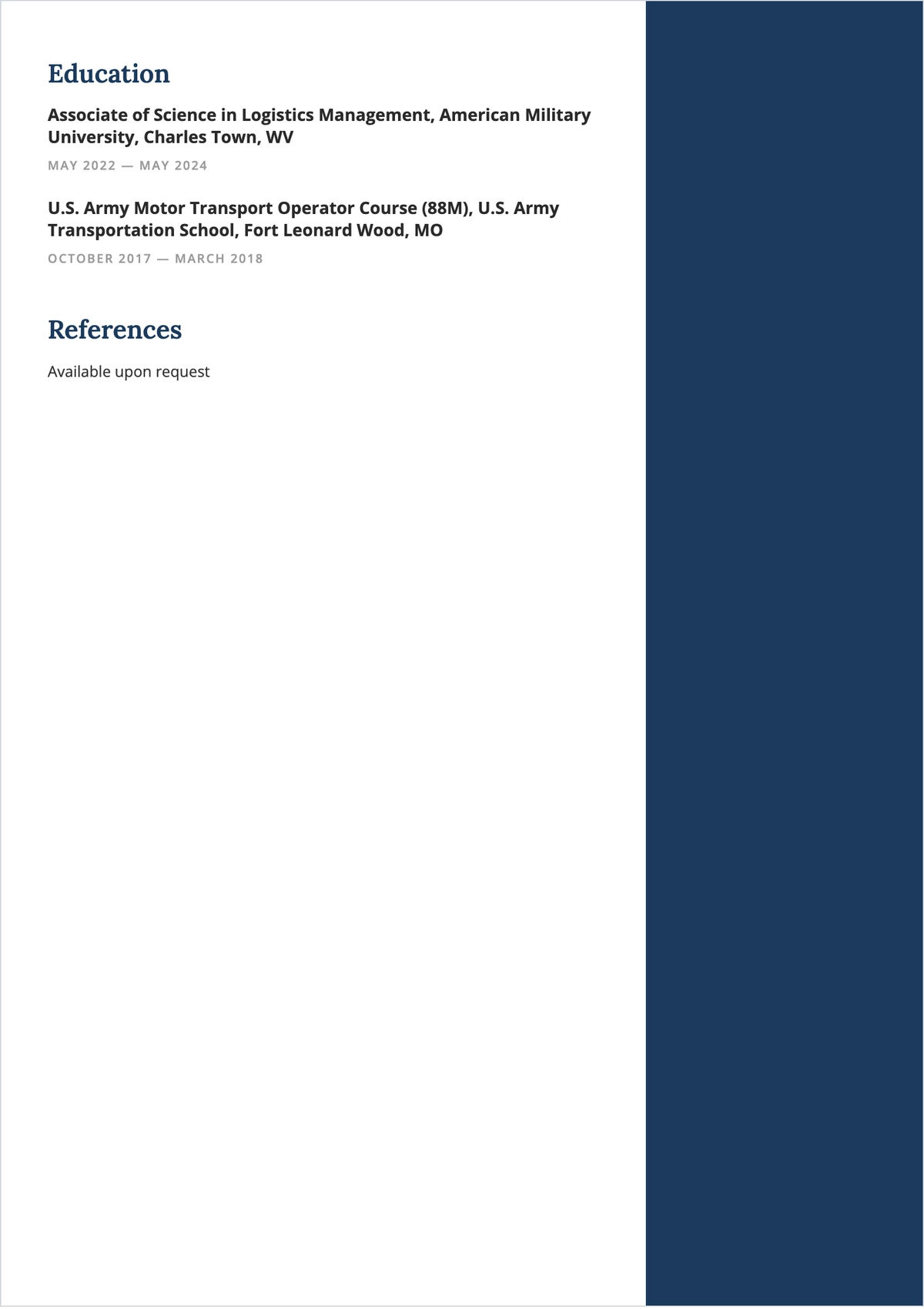 Free Military Tactical Truck Driver ATS Resume Template