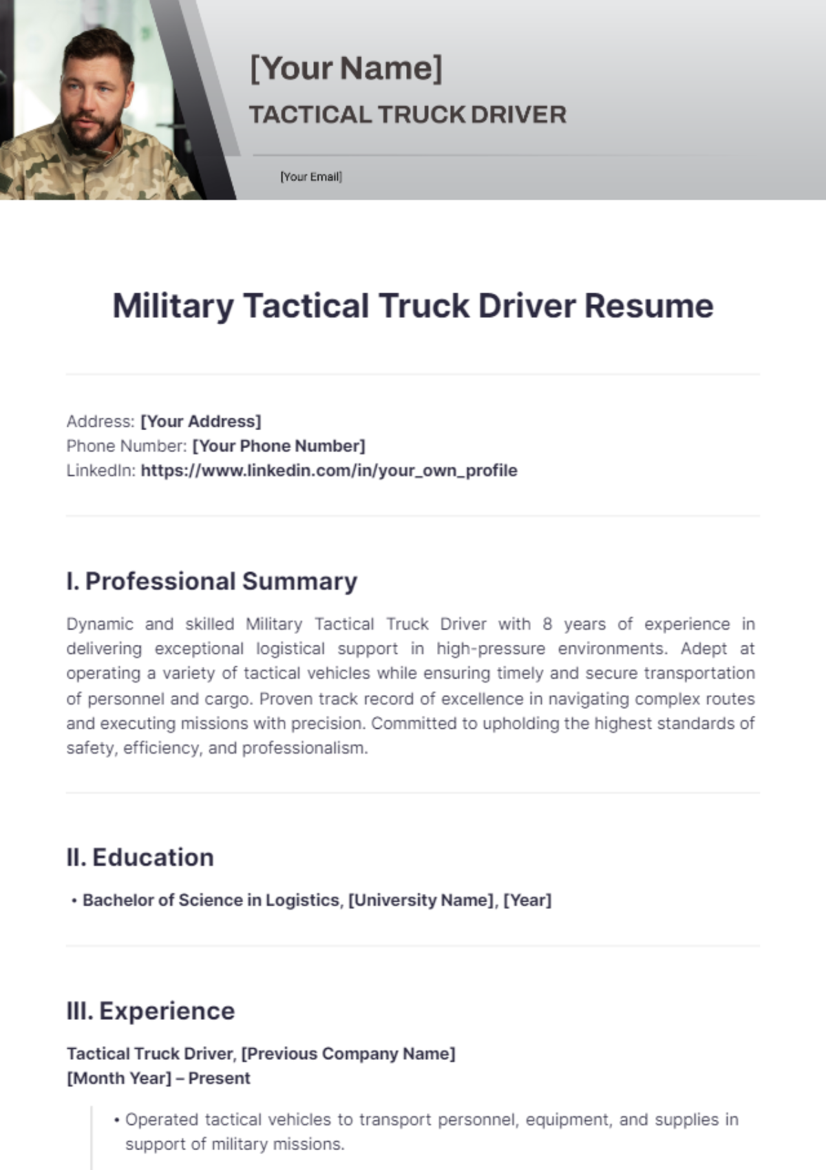 Military Tactical Truck Driver Resume - Edit Online & Download