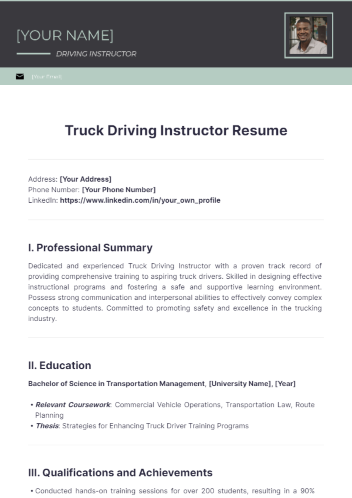 Truck Driving Instructor Resume - Edit Online & Download