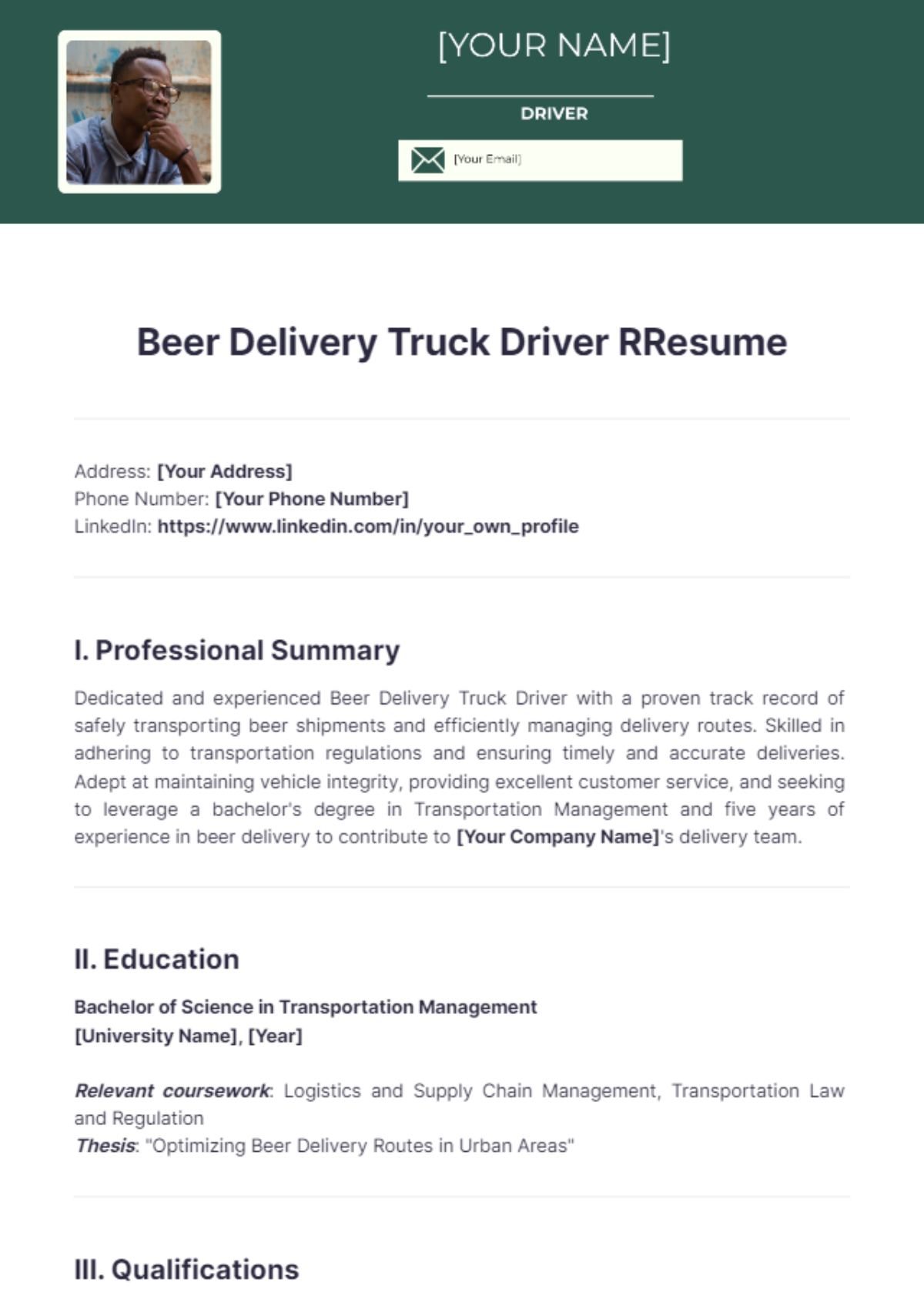 Beer Delivery Truck Driver Resume - Edit Online & Download