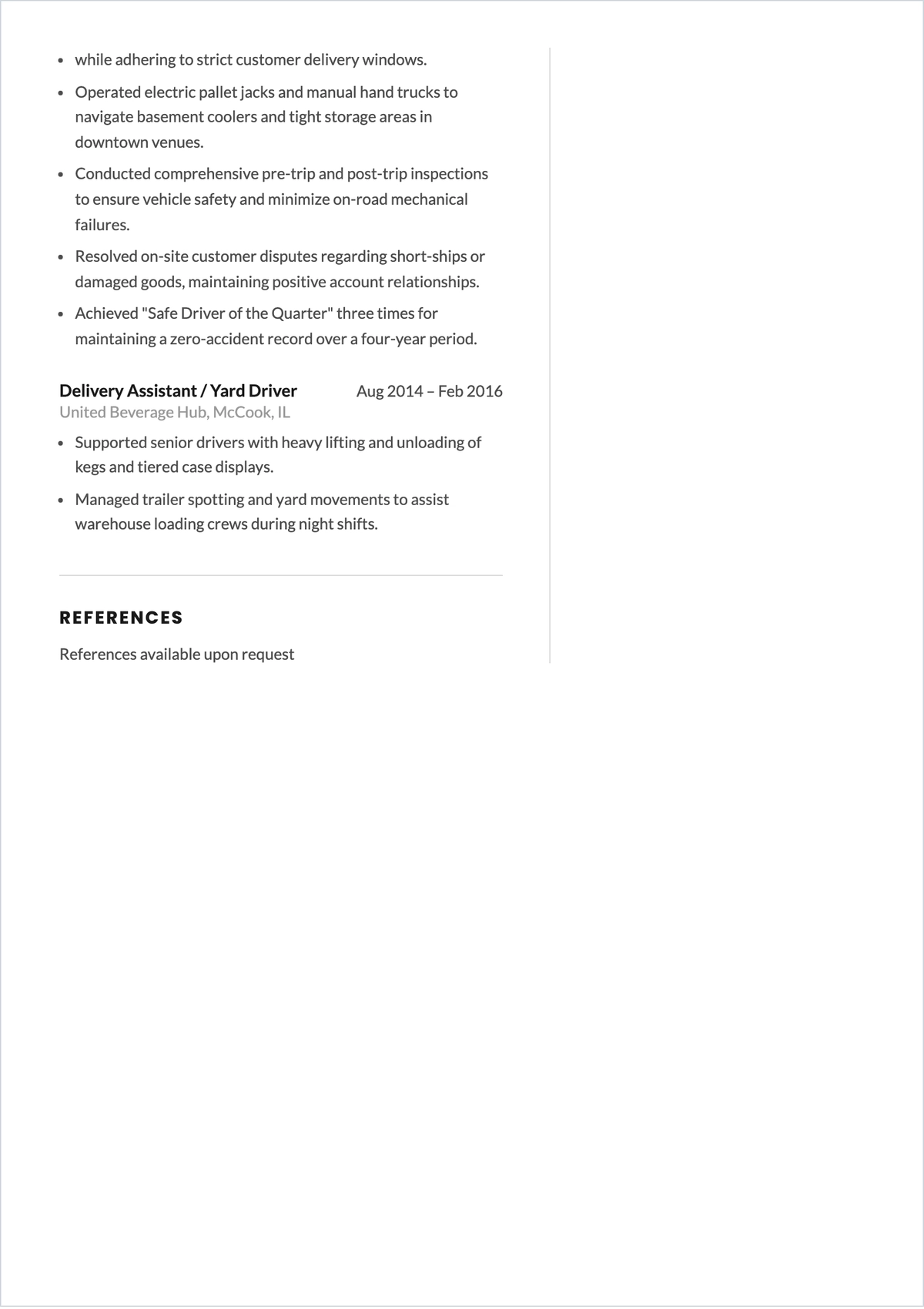 Free Beer Delivery Truck Driver ATS Resume Template, AI Resume Builder