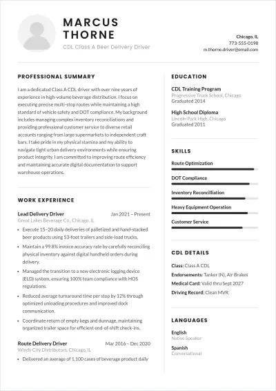 Free Beer Delivery Truck Driver ATS Resume Template, AI Resume Builder