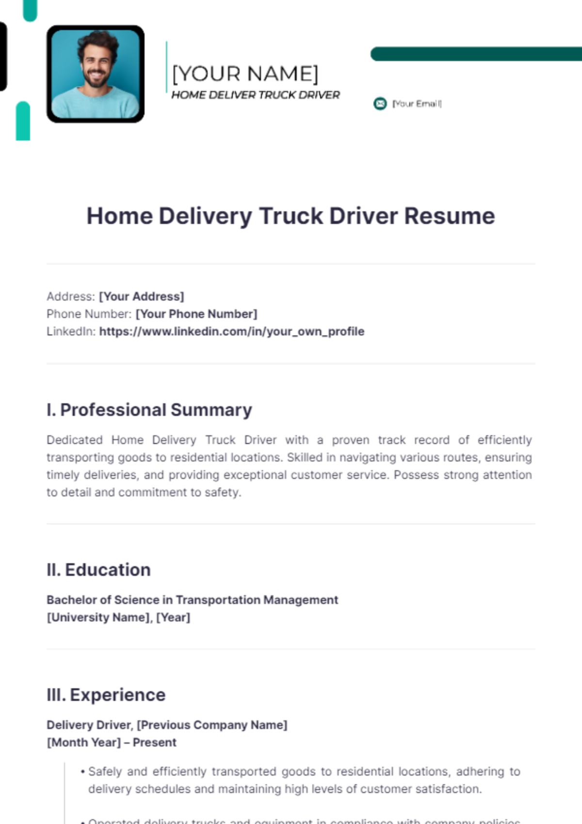 Home Delivery Truck Driver Resume - Edit Online & Download