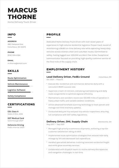 Free Home Delivery Truck Driver ATS Resume Template, AI Resume Builder