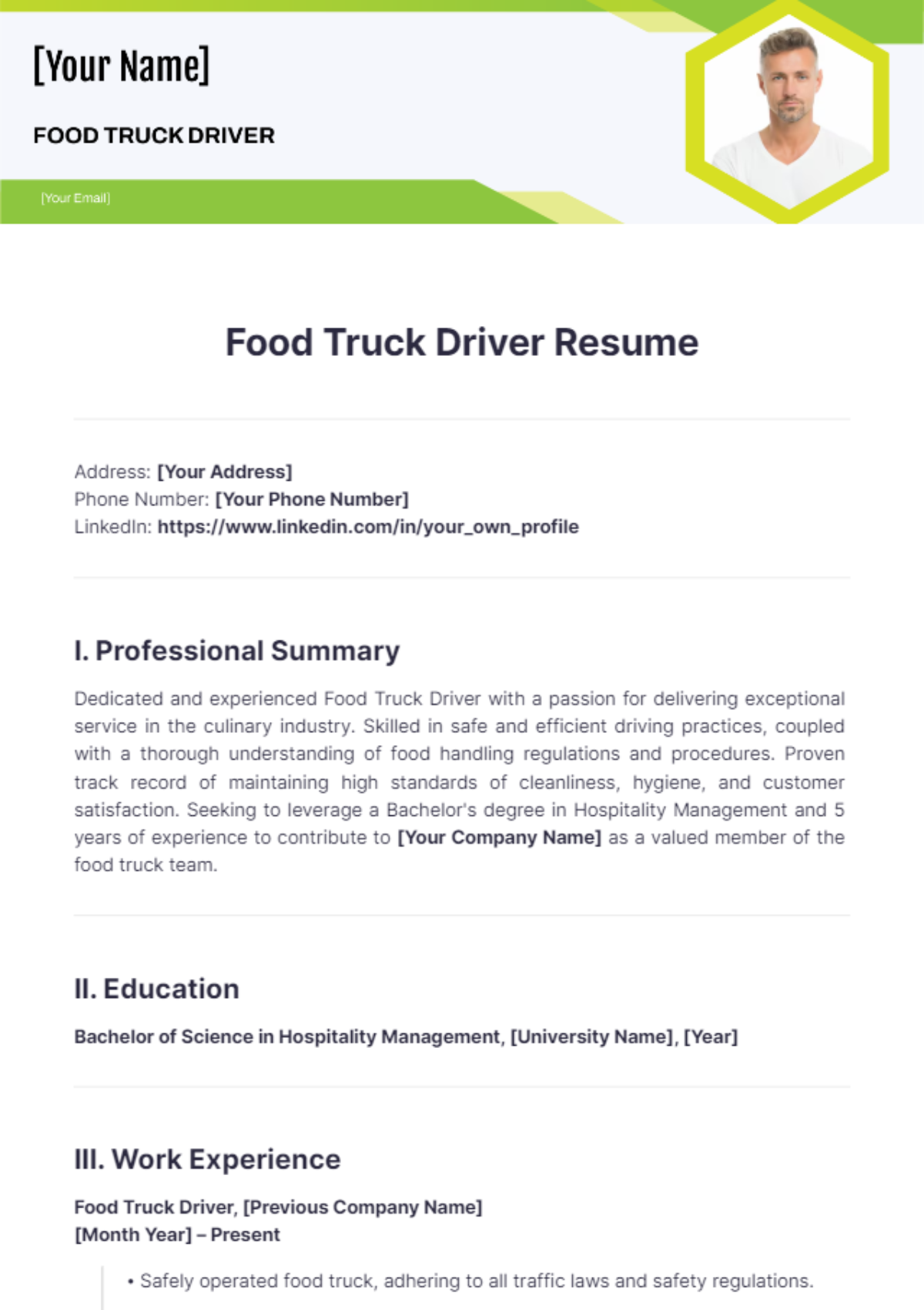 Food Truck Driver Resume - Edit Online & Download