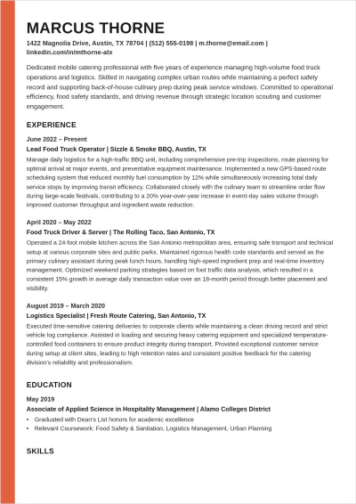 Free Food Truck Driver ATS Resume Template, AI Resume Builder
