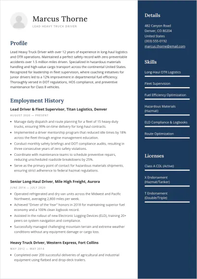 Free Lead Heavy Truck Driver ATS Resume Template, AI Resume Builder