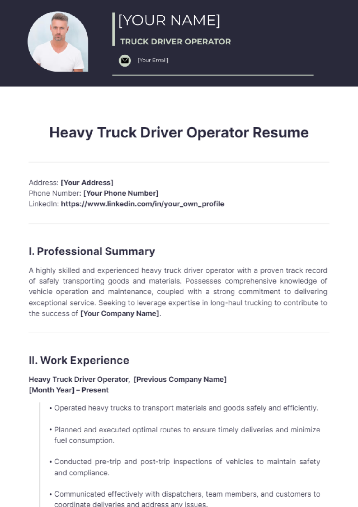 Heavy Truck Driver Operator Resume - Edit Online & Download