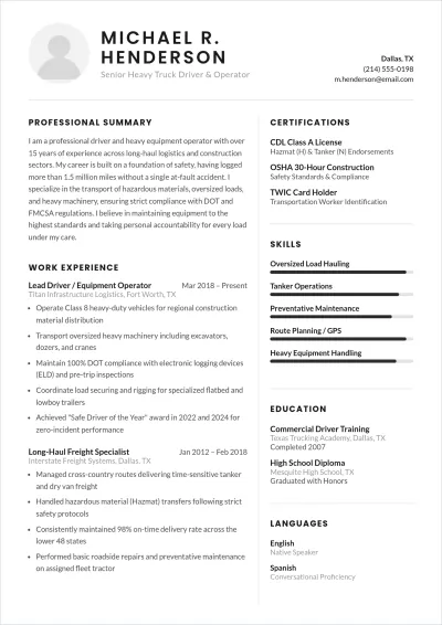 Free Heavy Truck Driver Operator ATS Resume Template