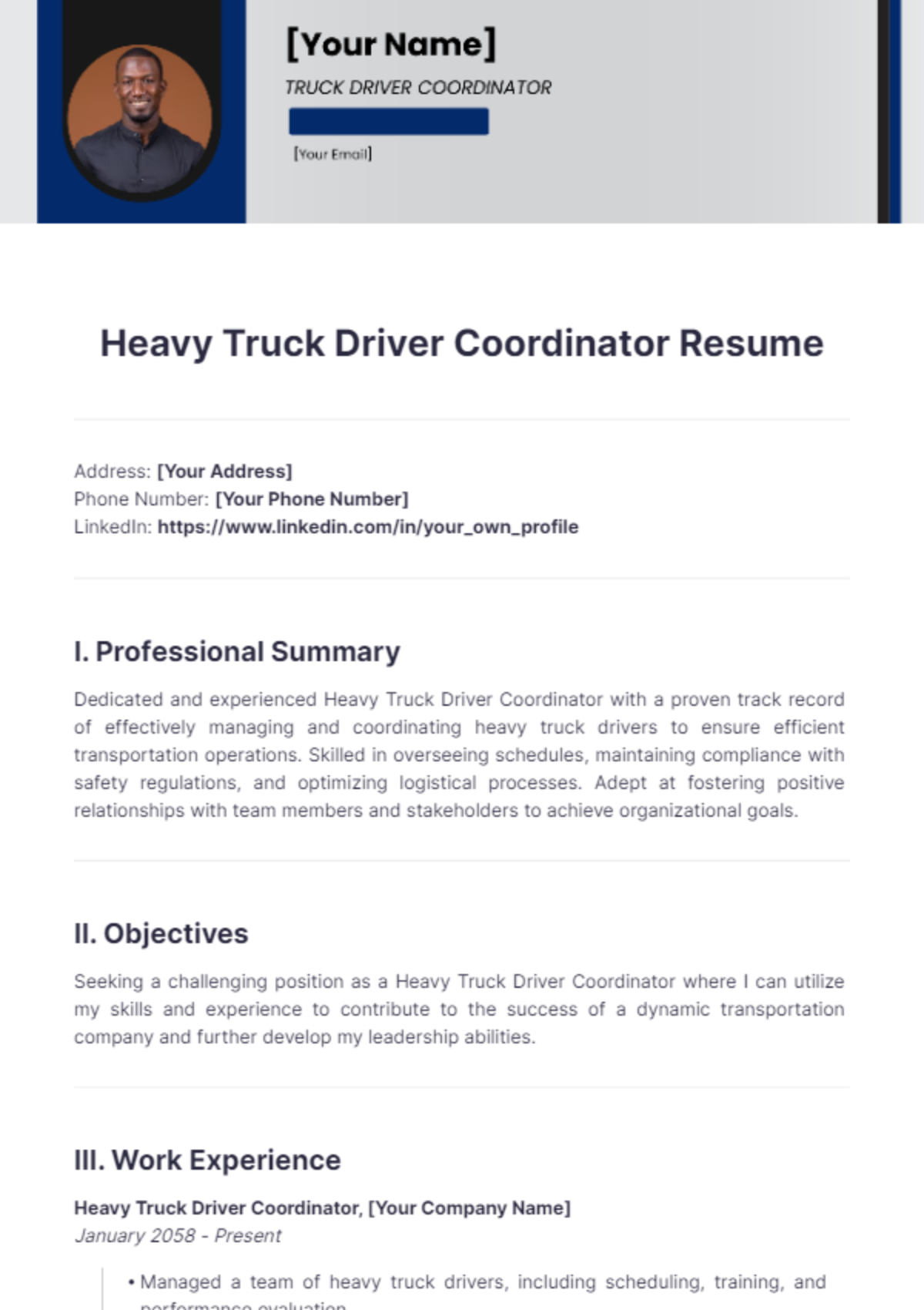 Heavy Truck Driver Coordinator Resume - Edit Online & Download