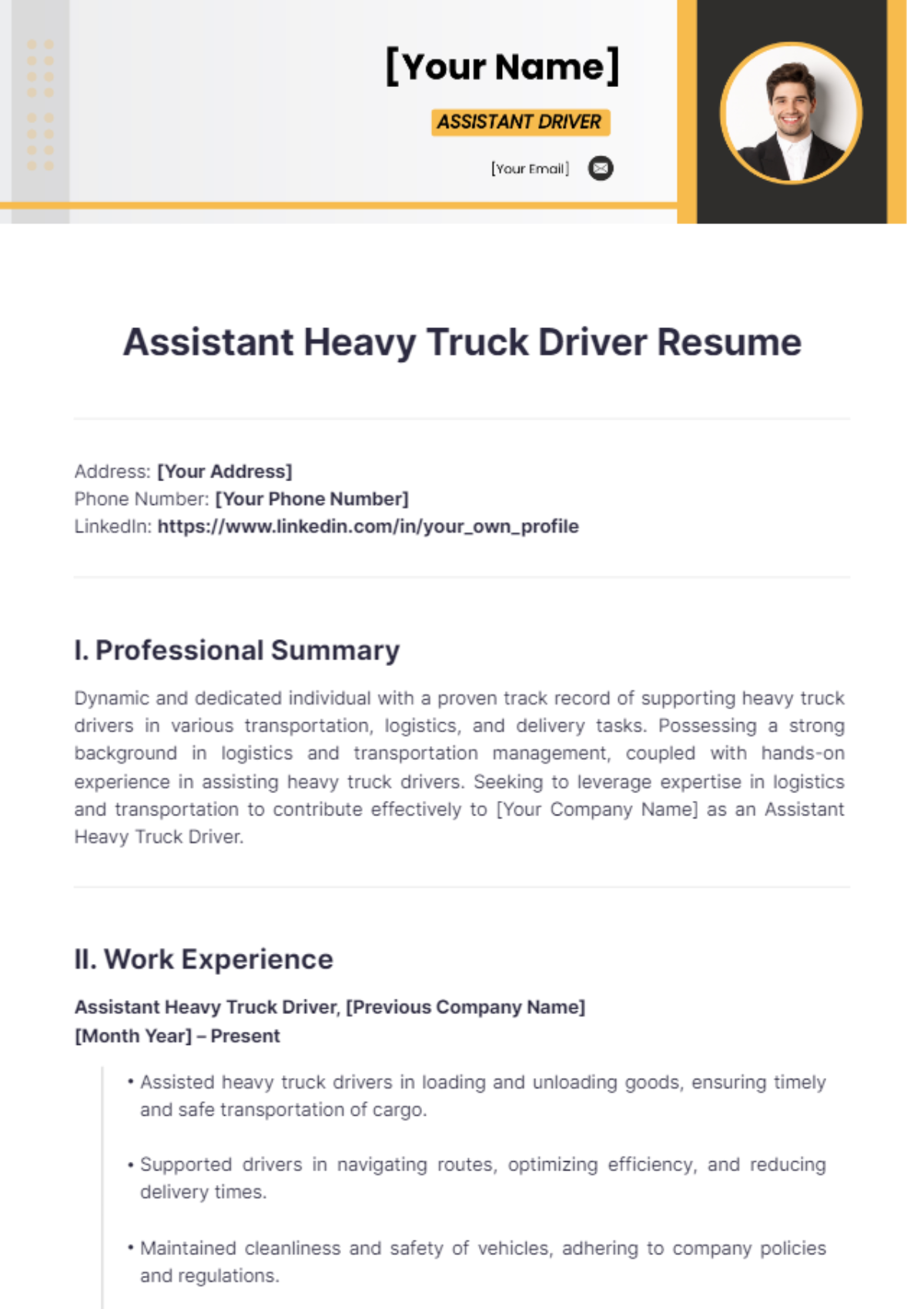 Assistant Heavy Truck Driver Resume - Edit Online & Download