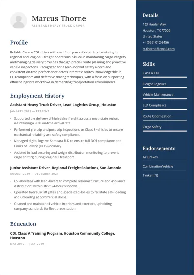 Free Assistant Heavy Truck Driver ATS Resume Template