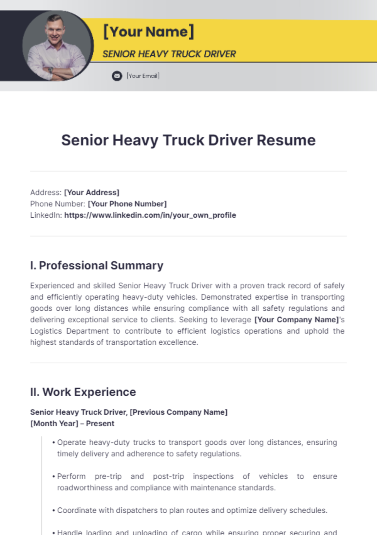 Senior Heavy Truck Driver Resume - Edit Online & Download