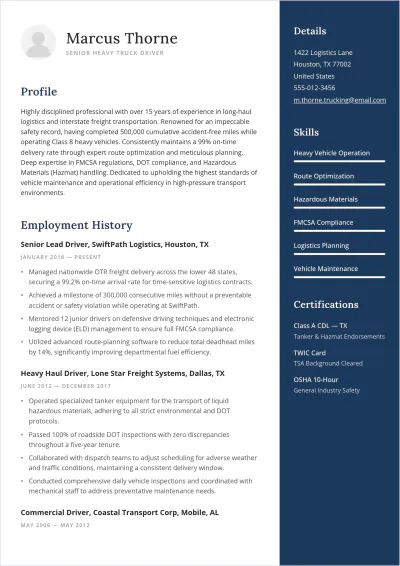 Free Senior Heavy Truck Driver ATS Resume Template, AI Resume Builder