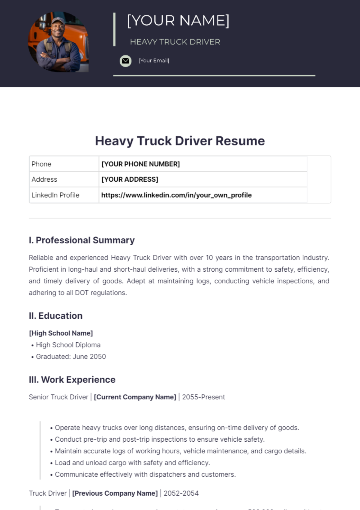 Heavy Truck Driver Resume - Edit Online & Download