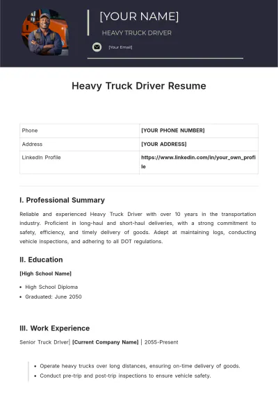 Free Heavy Truck Driver ATS Resume Template, AI Resume Builder