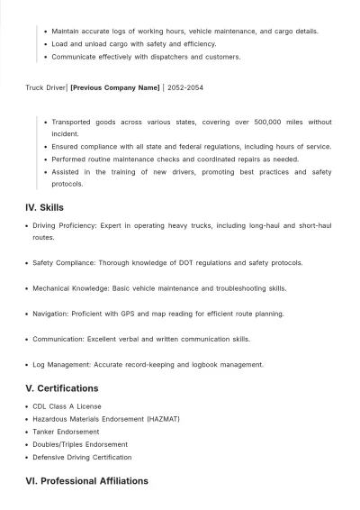 Free Heavy Truck Driver ATS Resume Template, AI Resume Builder