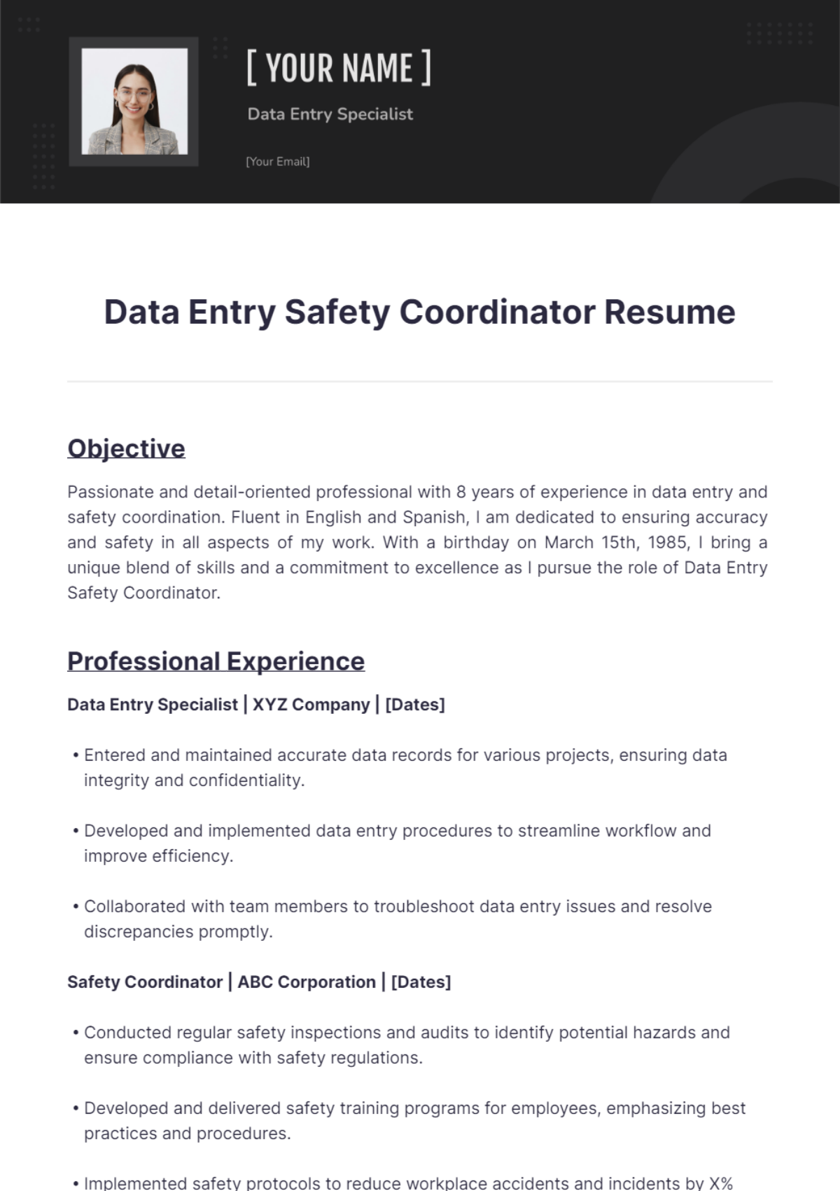 Data Entry Safety Coordinator Resume - Edit Online & Download