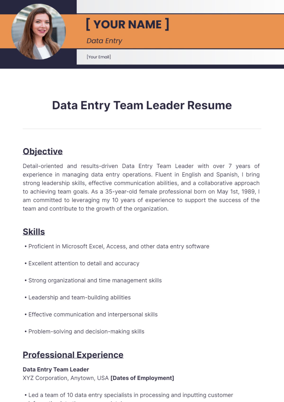 Data Entry Team Leader Resume - Edit Online & Download