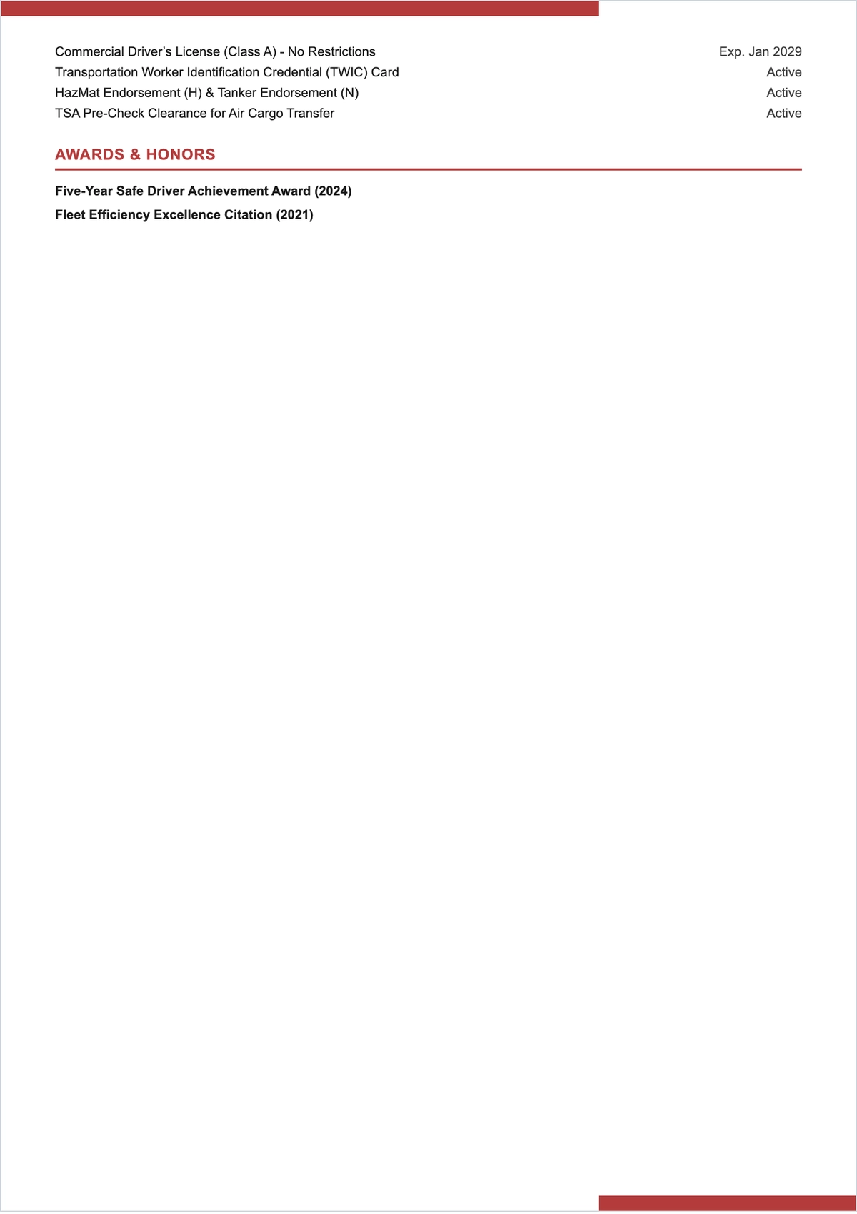 Free Port Truck Driver ATS Resume Template, AI Resume Builder