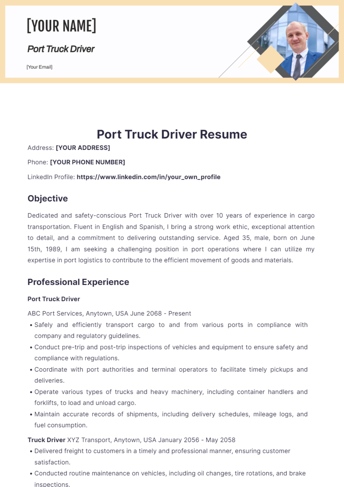 Port Truck Driver Resume - Edit Online & Download