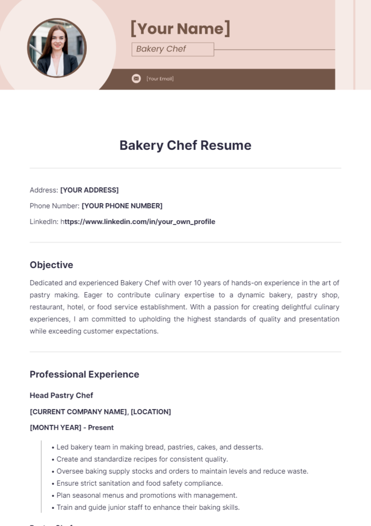 Bakery Chef Resume - Edit Online & Download