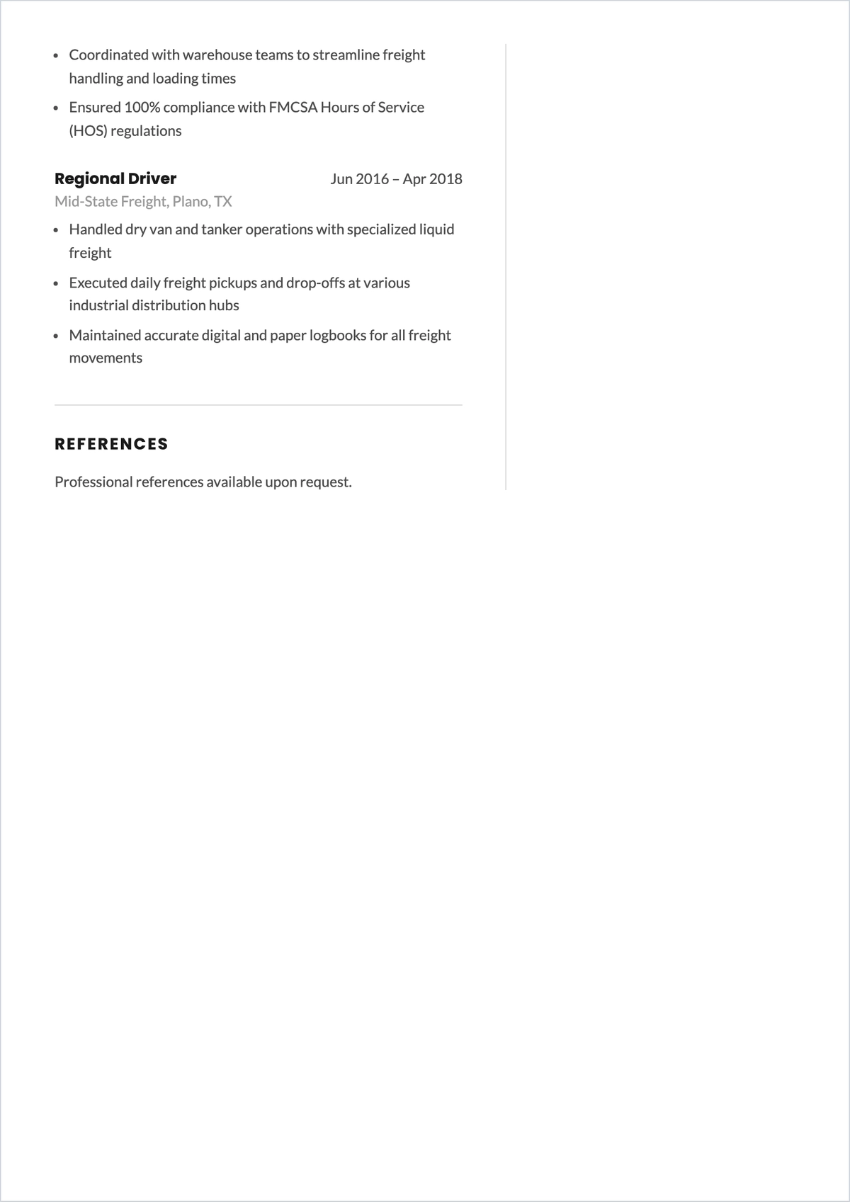 Free Regional Truck Driver ATS Resume Template, AI Resume Builder