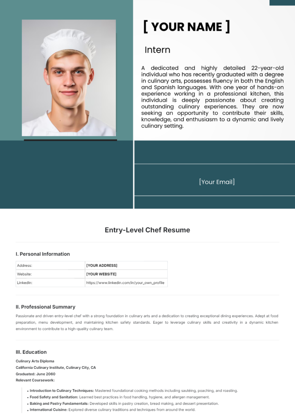 Entry-Level Chef Resume Template - Edit Online & Download