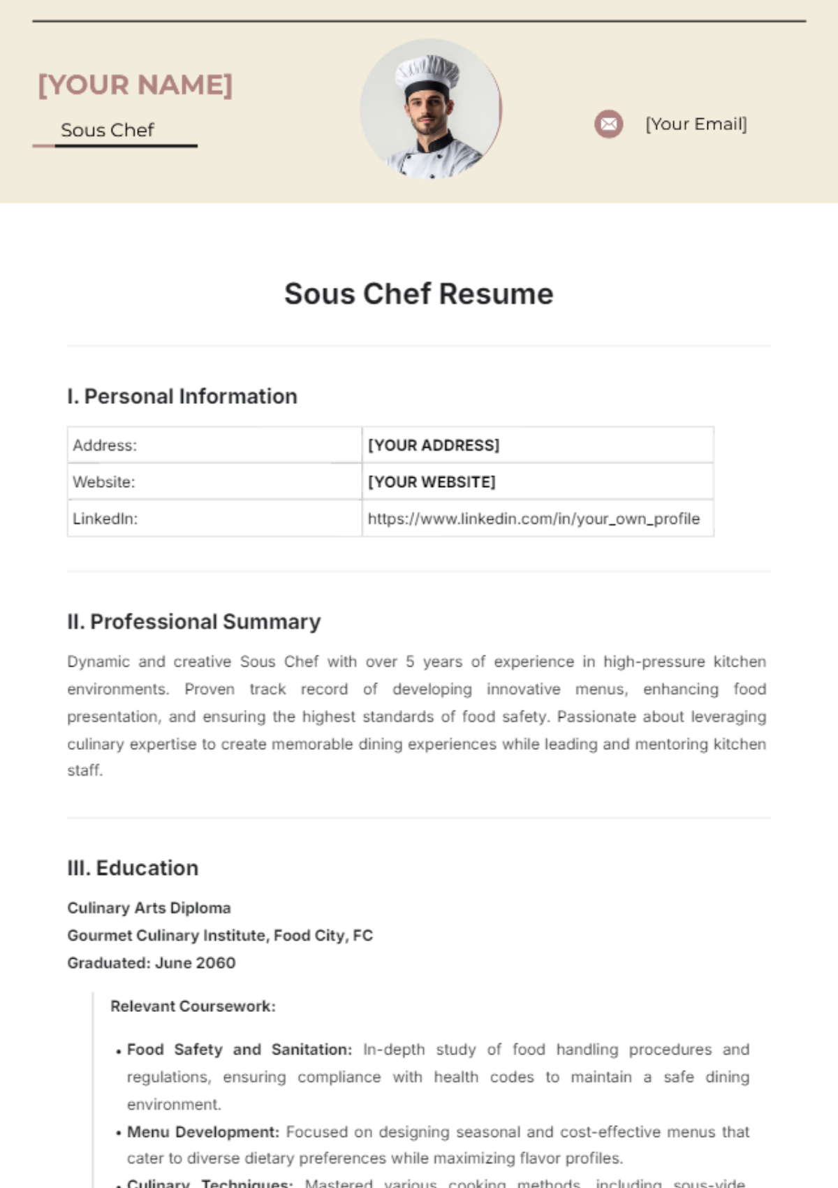 Sous Chef Resume Template - Edit Online & Download