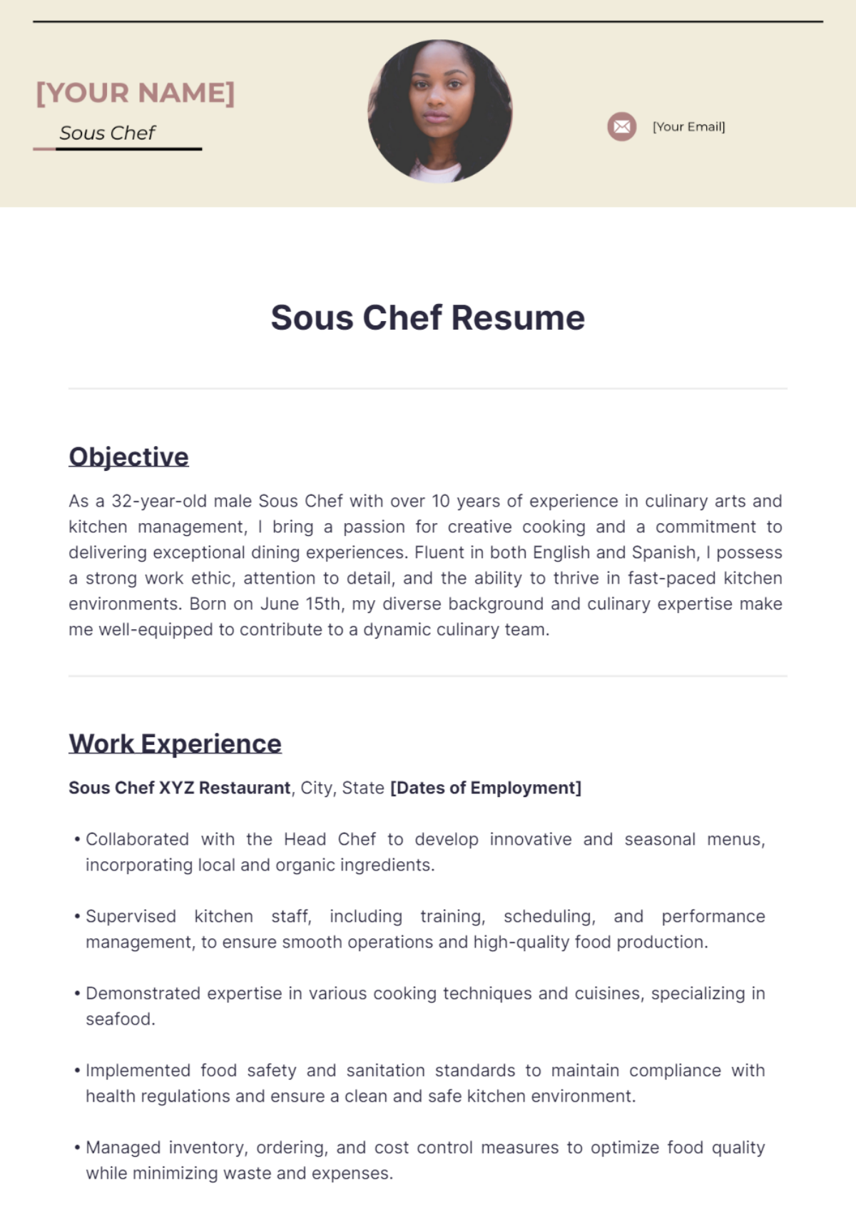 Sous Chef Resume - Edit Online & Download