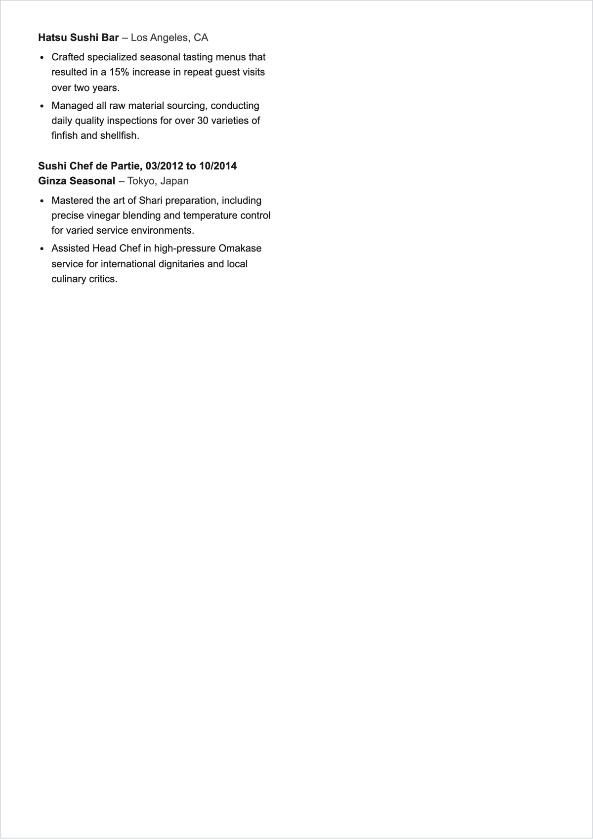 Free Sushi Chef ATS Resume Template, AI Resume Builder