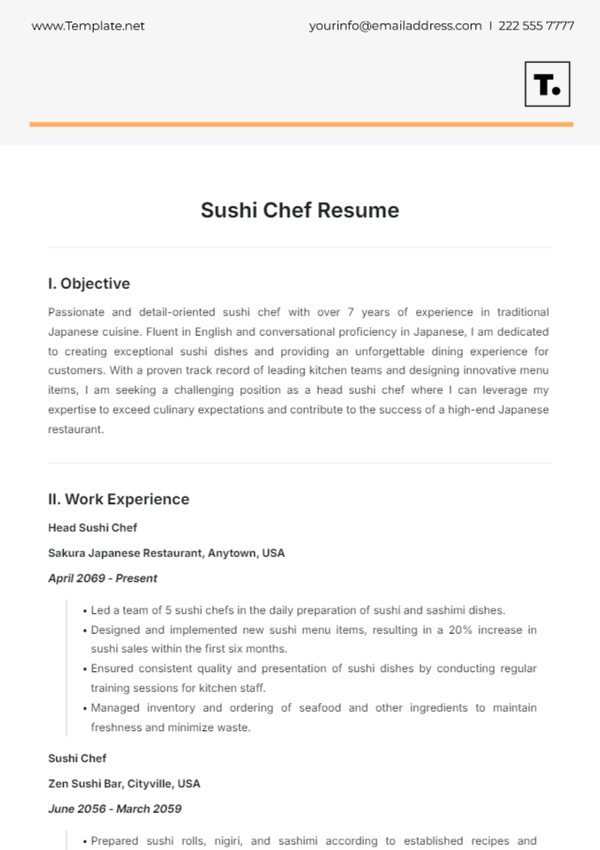 Sushi Chef Resume Template - Edit Online & Download