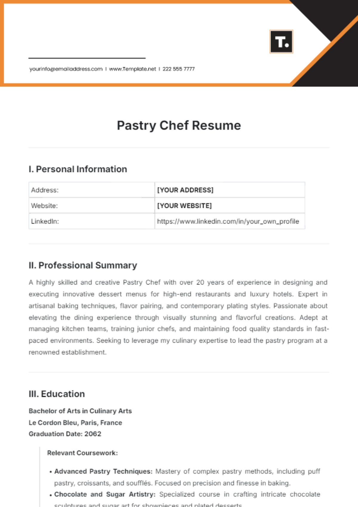 Pastry Chef Resume Template - Edit Online & Download