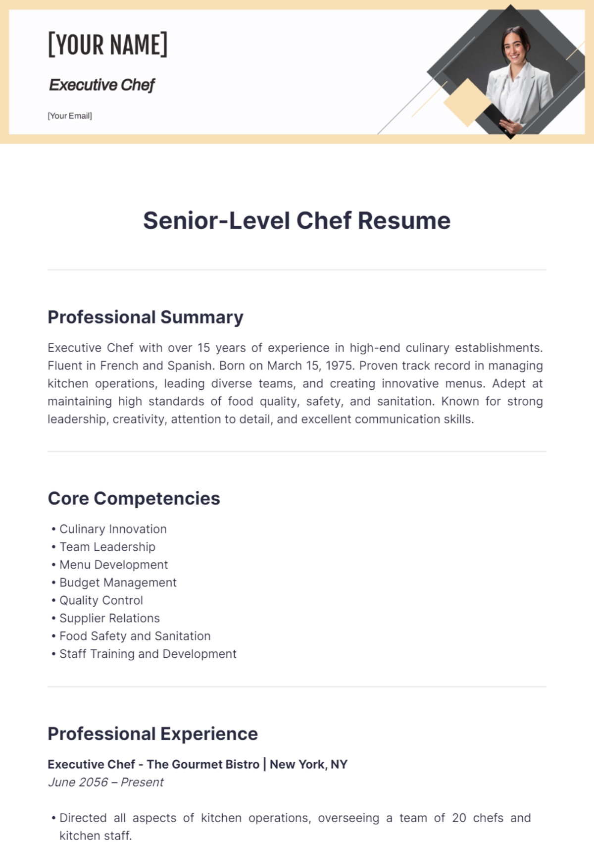 Senior-Level Chef Resume - Edit Online & Download