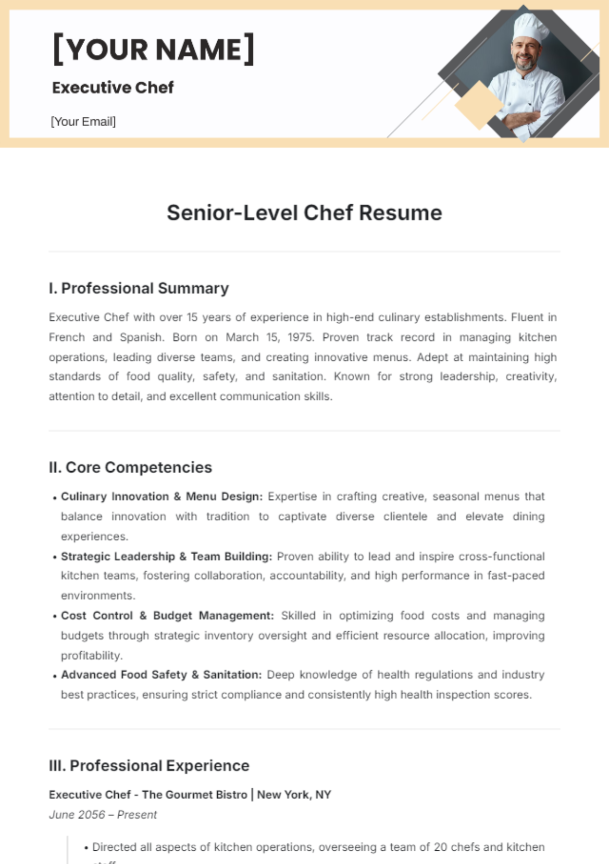 Senior-Level Chef Resume Template - Edit Online & Download