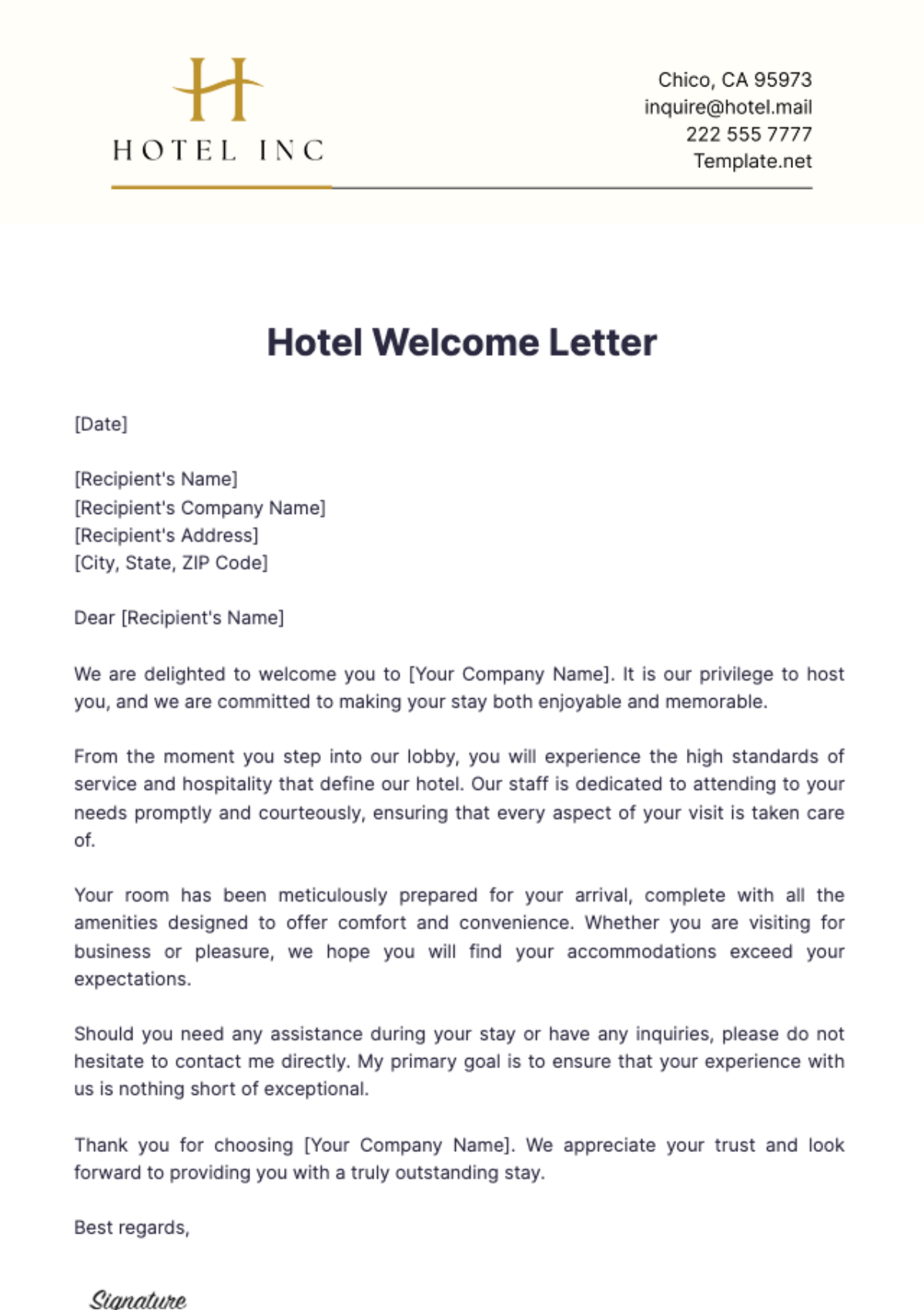 Hotel Welcome Letter Template - Edit Online & Download