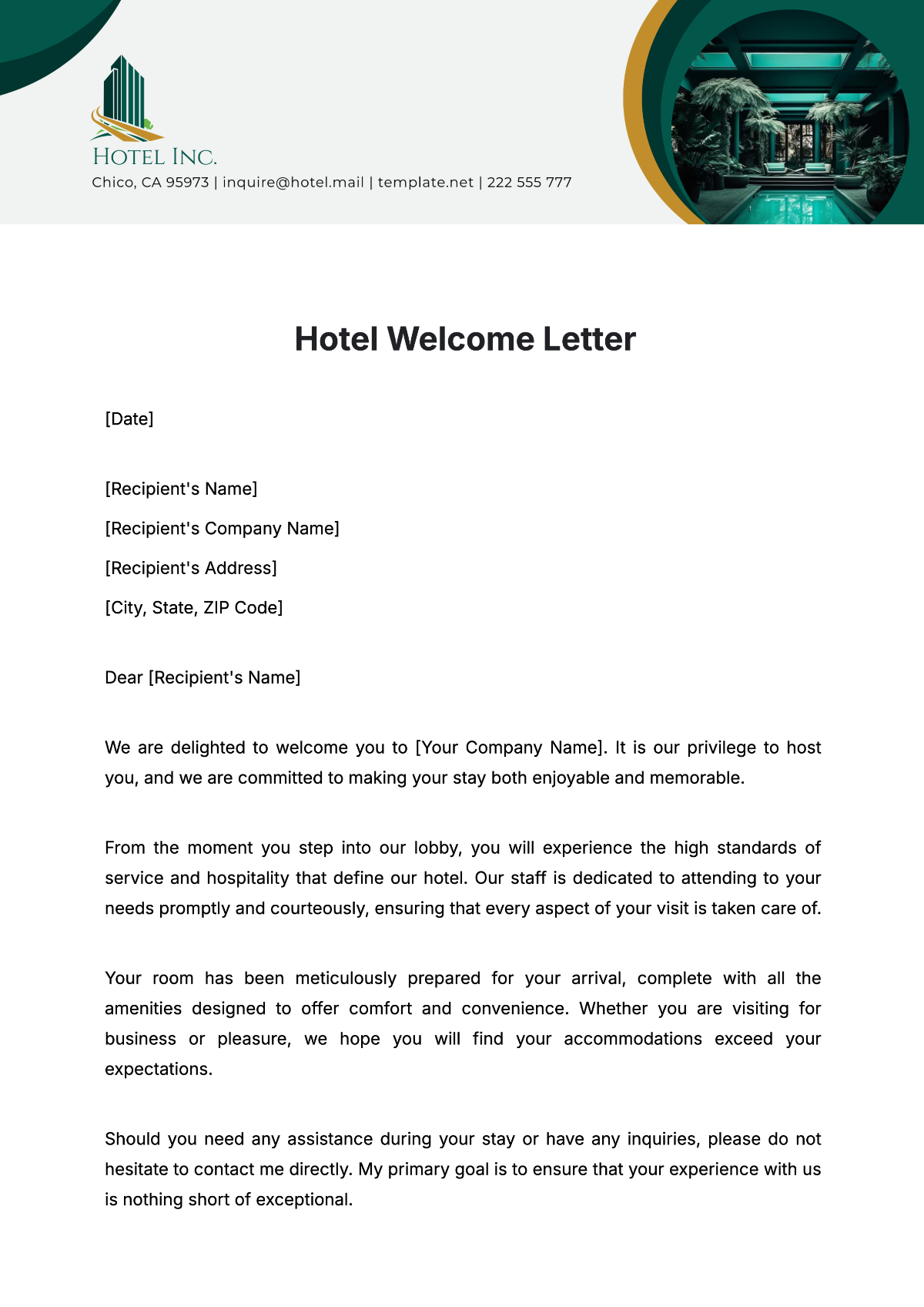 Free Hotel Welcome Letter Template