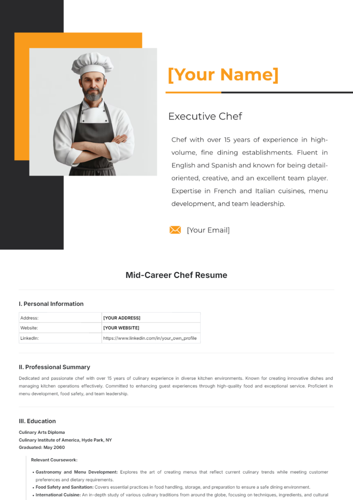 Mid-Career Chef Resume Template - Edit Online & Download