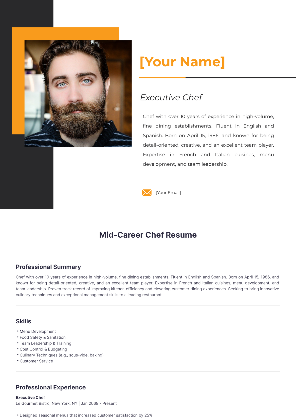 Mid-Career Chef Resume - Edit Online & Download