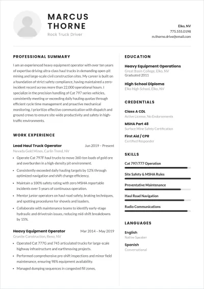 Free Rock Truck Driver ATS Resume Template, AI Resume Builder