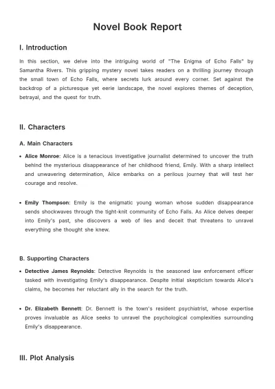 Free Novel Book Report Template to Edit Online
