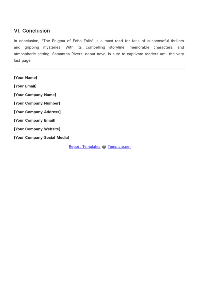 Free Novel Book Report Template to Edit Online