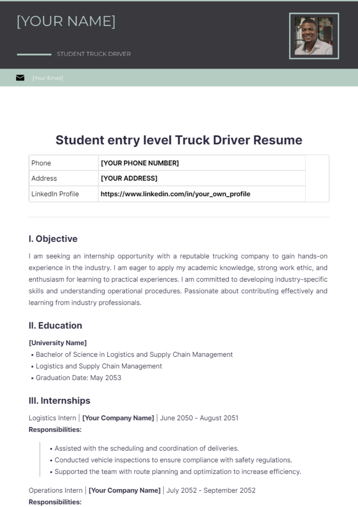 Student entry level Truck Driver Resume - Edit Online & Download